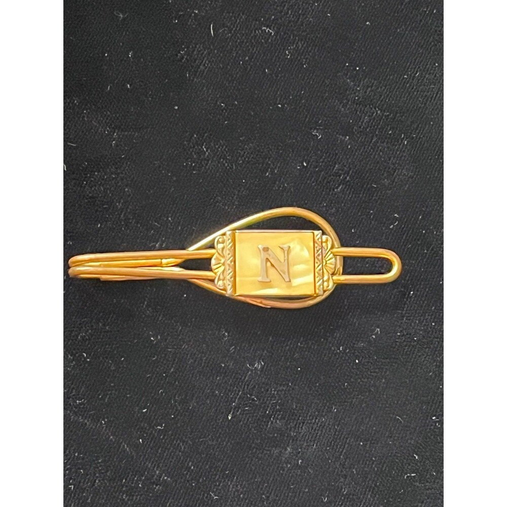 Vintage 50s 60s Gold Tone Tie Clip Initial N Mother Pearl